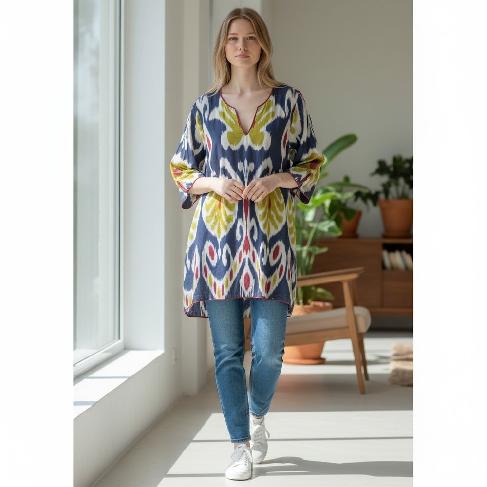 Bibi Hanum Tashkent Ikat Tunic Top Blue Yellow Silk Cotton Size S Artisan Boho